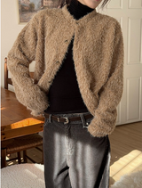Hairy crop round knit cardigan(3color)