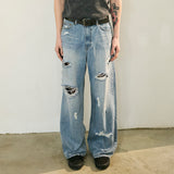 Destroyed Denim Pants Washed Blue