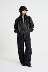 Curved leather overfit jacket