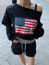 Western American Flag One-Off Shoulder Sweatshirt (6c)