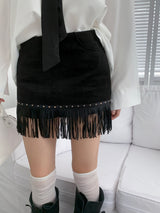 Arven Western Fringe Suede Metal Studded Mini Skirt (2 colors)
