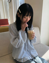 アンナ ストライプ レース フリル レイヤード ブラウス