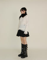 ラバーVネックダメージカットポイント長袖ニット (wool material)