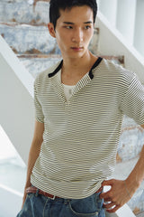 ストライプヘンリーネックハーフTシャツ(Ivory)
