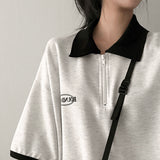 Light Half Zip-Up Coloring Collar Short Sleeve T-shirt