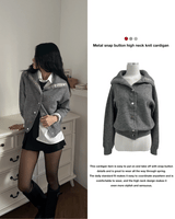  Metal snap button high neck long sleeve knit cardigan (3 colors)