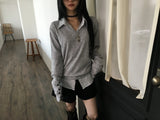 may sleeve button v-neck knit