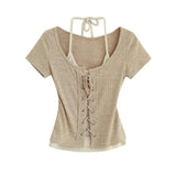 Lace Up Halter Golji T-Shirt  231330483