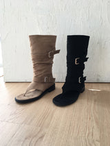 Suede buckle thong boots
