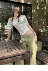 Floral two-piece off-shoulder button short-sleeved T-shirt