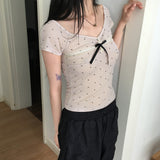 Bille Dot Lace Ribbon See-Through Short-Sleeved T-Shirt
