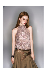 2025 Spring/Summer New Leopard Print Sleeveless Drawstring Adjustable Top