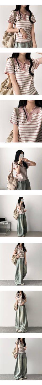 Bendy Stripe Danjara Collar Short-Sleeved Knitwear
