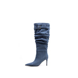 Colorful Bridge | Water Washed Denim Long Pile Boots, Fashion High Heeled Women's Denim Boots
