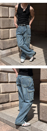 [Unisex] Fringe cargo denim pants(3color)