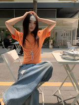 Color Back Open Loose Fit Short-Sleeved T-shirt