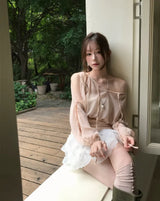 [ slit point ] forget-me-not long chiffon drape lose blouse