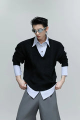 Layered V-Neck Cable Knit Sweater