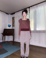 (2color) Diagonal Shirring Bootcut Layered Pants
