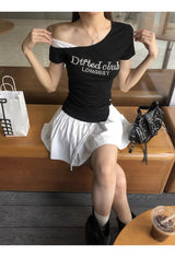 アンバランスオフショルダーパールビーズレイヤードTシャツ