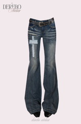 Cross-washed long semi-bootcut denim