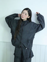 RUFFLE CHECKERED WINDBREAKER JACKET(BLACK)