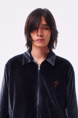 TWILL VELVET CROSS EMBROIDERY COLOR-TOOTH ZIPPER LOGO CASTING NOTCH COLLAR JACKET