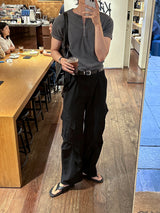 LMN ジッパーヘンリーネックVネック半袖ニット (4 colors)