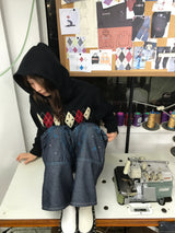 Bouclé Argyle Knit Zip-up Hoodie_Black