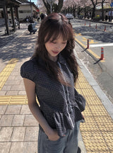 ライペン チェック レース フリル パフ ショートスリーブ シャツ
