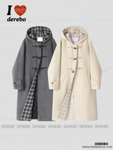 wool checkered hooded toggle quilting quilted long coat