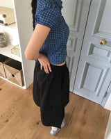 チェック柄シャーリングバンディングパフ半袖ブラウス