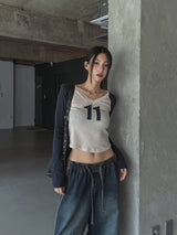 11 Vネックカラーマッチングラグラン長袖Tシャツ