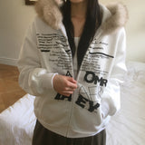 Beepon lettering loose fit fur hooded zip-up
