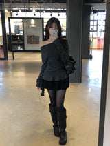 Mulder Off-Shoulder Unbalanced Shirring Frill Knit