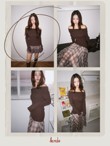 Deep Brown V-neck Off-Shoulder Long-Sleeved Top