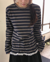 クニンフリルストライプリボン長袖Tシャツ