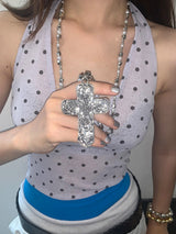 Silver cross@heart long necklace