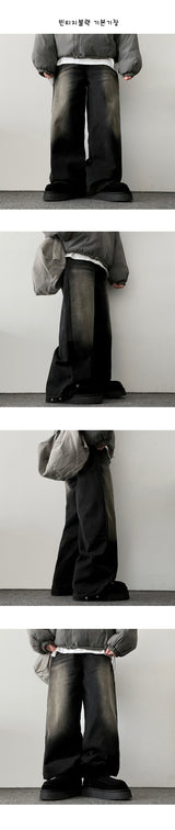 [Fleece lining] リネンヘムスナップウォッシュワイドデニムパンツ - 3 Tier Length