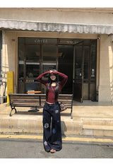 スタンプダークブルーストレートデニムパンツ