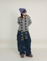 ラバーVネックダメージカットポイント長袖ニット (wool material)