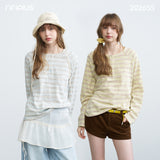 Women's Striped Henley Long Sleeve T-shirt, Bamboo Cotton Loose Air Conditioner Blouse
