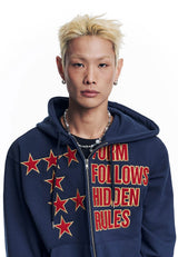 Star Lettering Patch Hoodie Zip-Up - Navy