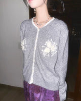 (2color) Rose Appliqué Lace Wool Cardigan