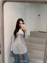 Trendy lace frill long-sleeved shirring T-shirt
