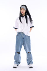 レトロウエストフックカットアウトデニムパンツ