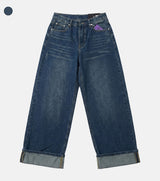 Cuffed cat washing denim pants