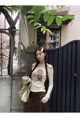 ドッグビーズレースオフショルダー長袖Tシャツ