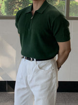 Loose Hacci Half Zip-Up Knit Short Sleeve