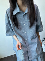 Logi Striped Linen Balloon Short Sleeve Shirt 2color